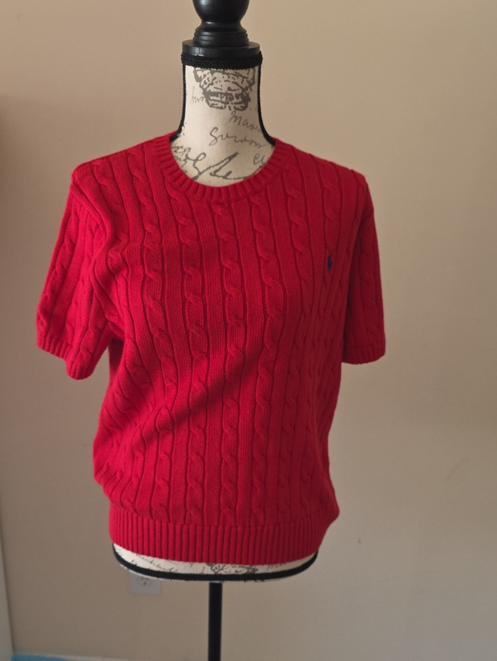 Ralph Lauren Red Cable-Knit Short-Sleeve Crewneck Sweater